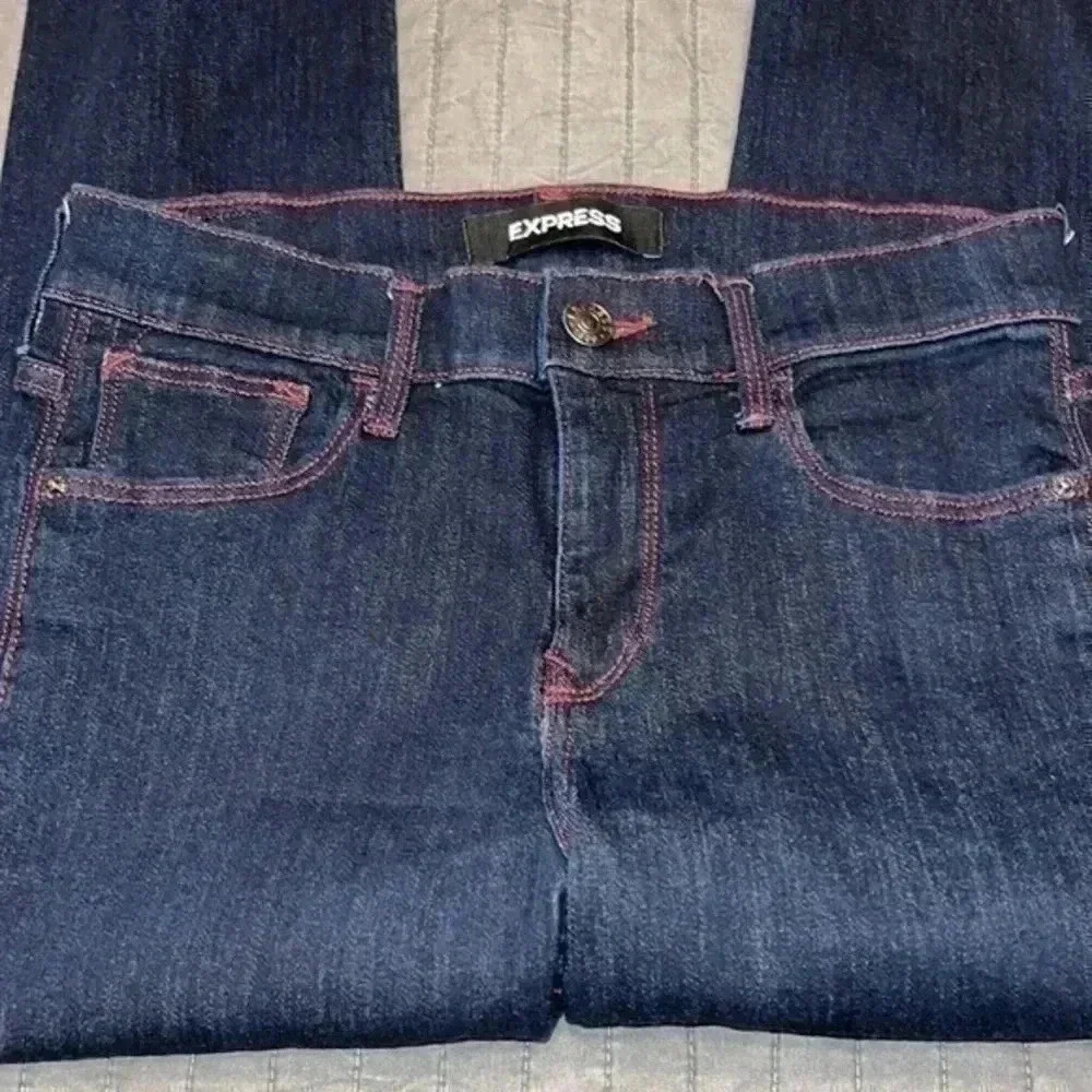 Express Dark Rinse Mid Rise Skinny Denim Jeans with Red Stitching Size 2P